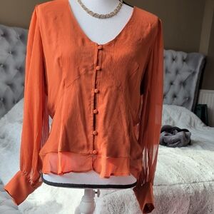 Nine West Vibrant Orange Button-Up Blouse